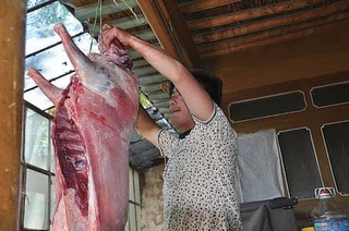 家庭で屠畜したばかりの肉を軒下に吊るす