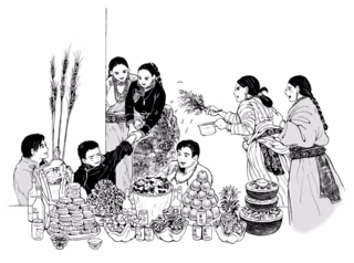 ビャクシンの枝を使って水をふりかけている様子